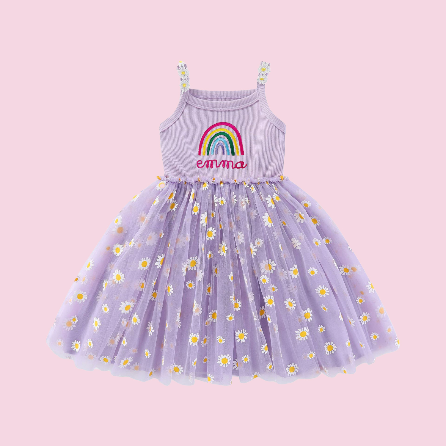 Personalized Girl Embroidered Rainbow Daisy Tutu Dress| Dress14
