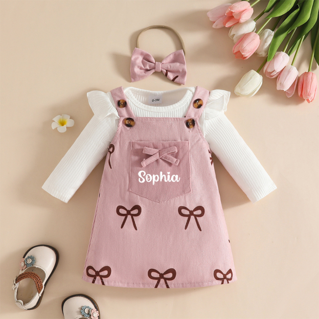 Personalized Baby Girl Pink Bow Outfit Set| BBcloth110