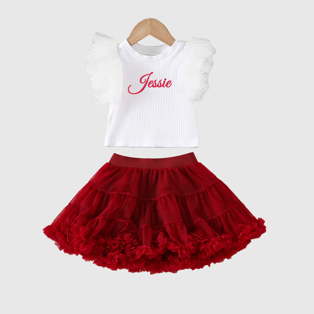 Personalized Girl Mesh Flying Sleeve T-shirt TUTU Skirt Set| Cloth236
