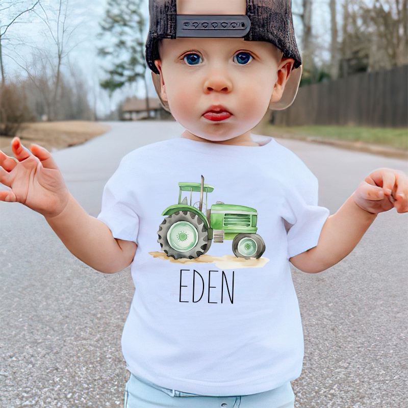 Personalized Boy Green Farm Tractor Name T-Shirt| Cloth1428