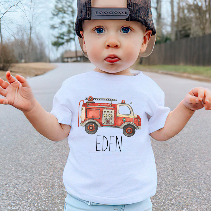 Personalized Boy  Fire Truck Name T-Shirt| Cloth1426