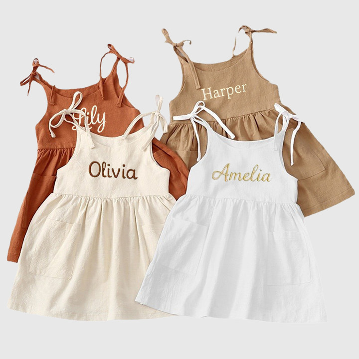 Personalized Girls Embroidered Spaghetti Strap Dress| Dress16