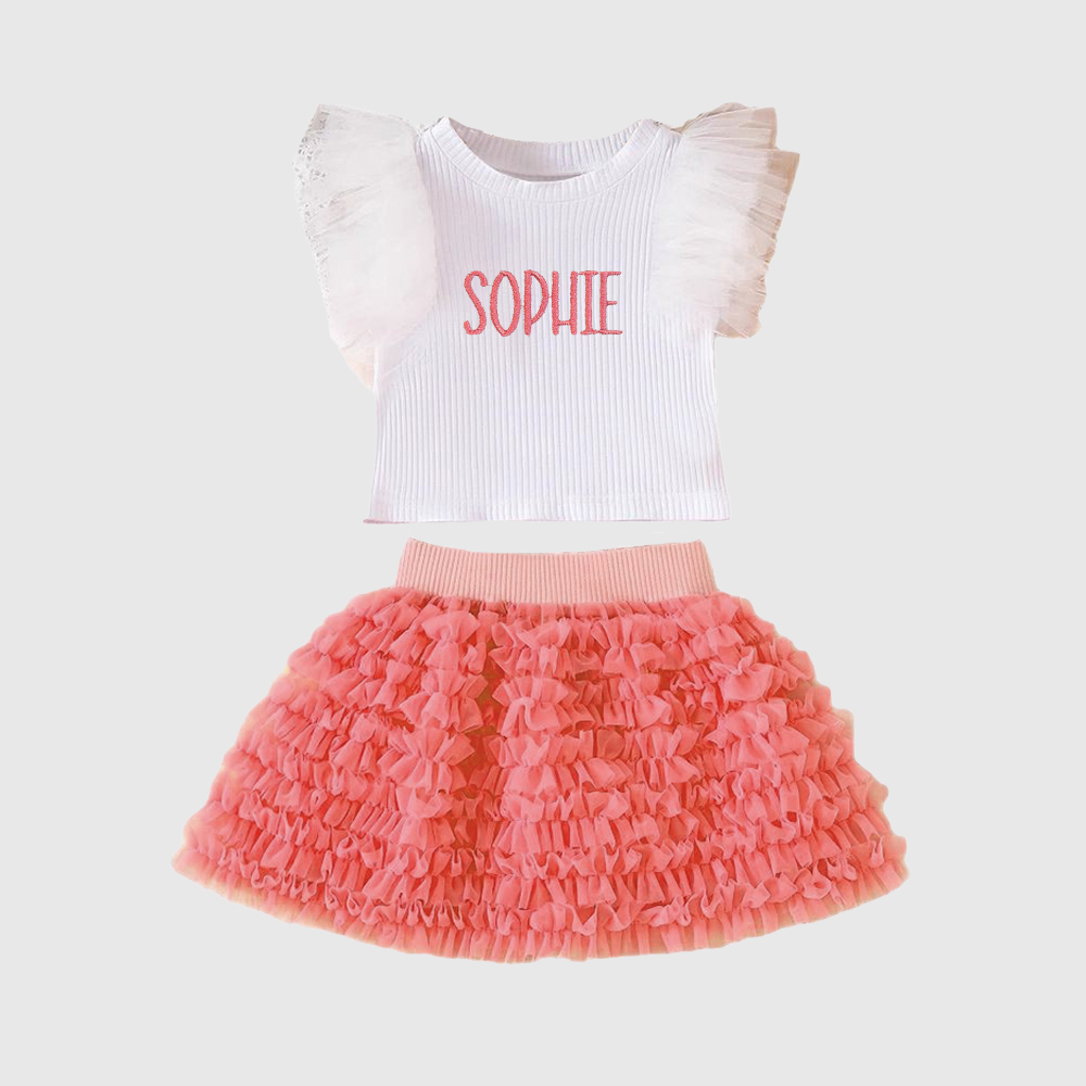 Personalized Girl Embroidered Ruffle Flutter Sleeve Tutu Set| Cloth237
