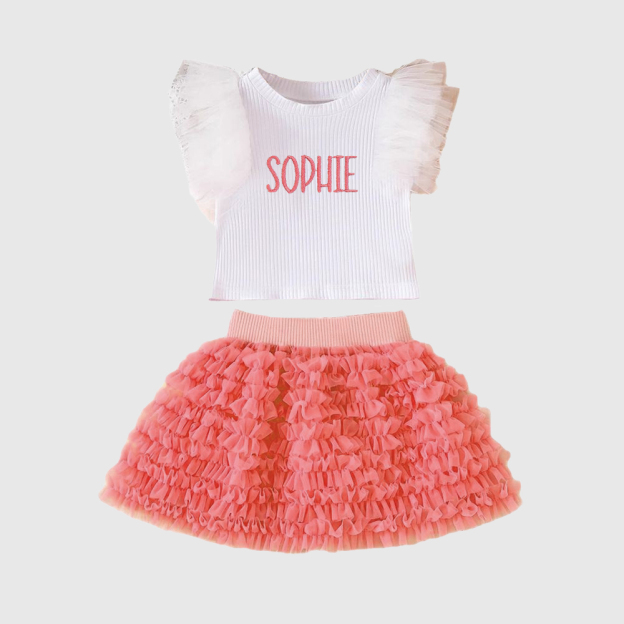 Personalized Girl Embroidered Ruffle Flutter Sleeve Tutu Set| Cloth237