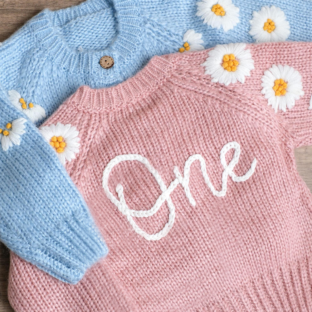 Personalized Baby Hand Embroidered Daisy Cardigan| Cloth241
