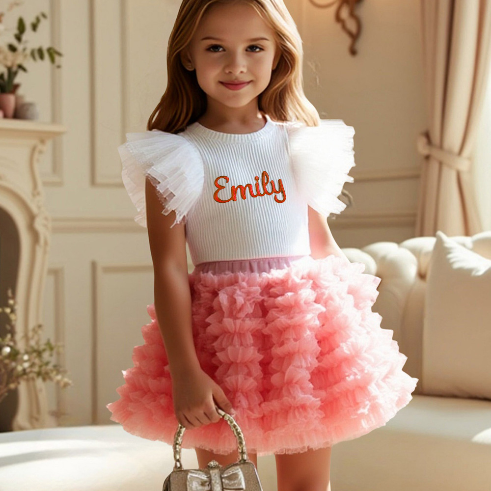 Personalized Girl Embroidered Ruffle Flutter Sleeve Tutu Set| Cloth237