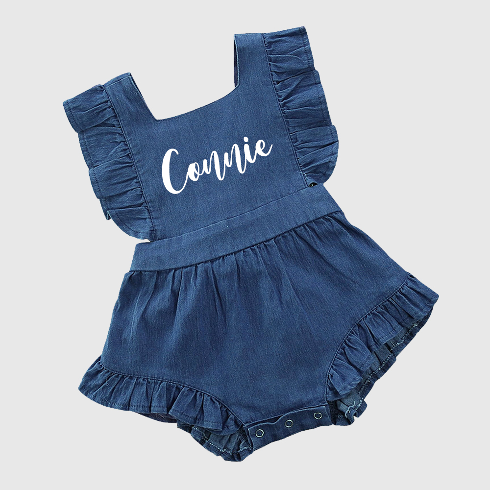 Personalized Baby Girl Ruffle Denim Blue Romper| BBCloth94