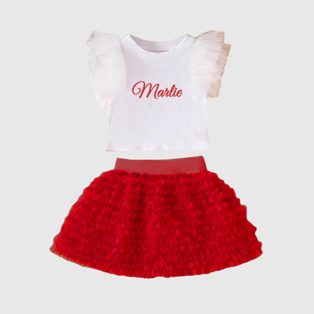 Personalized Girl Embroidered Ruffle Flutter Sleeve Tutu Set| Cloth237