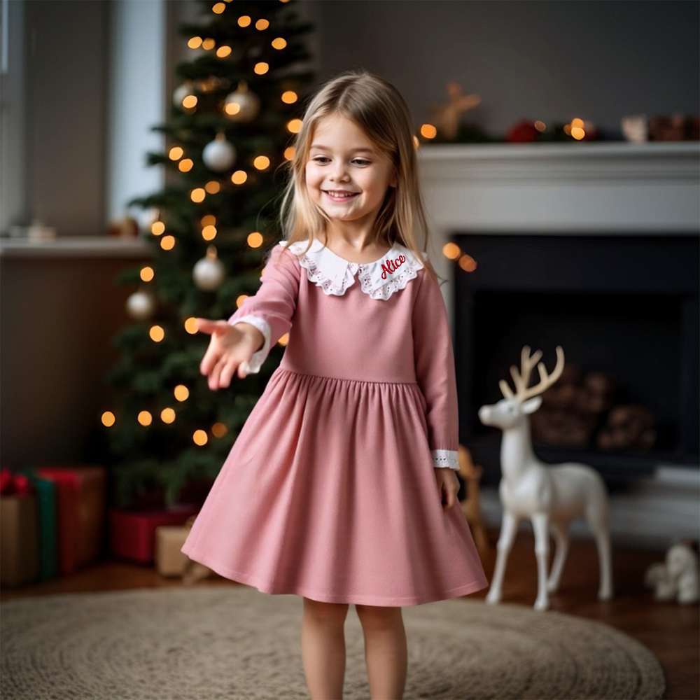 Personalized Christmas Girl Elegant White Doll Collar Dress|YESMC09