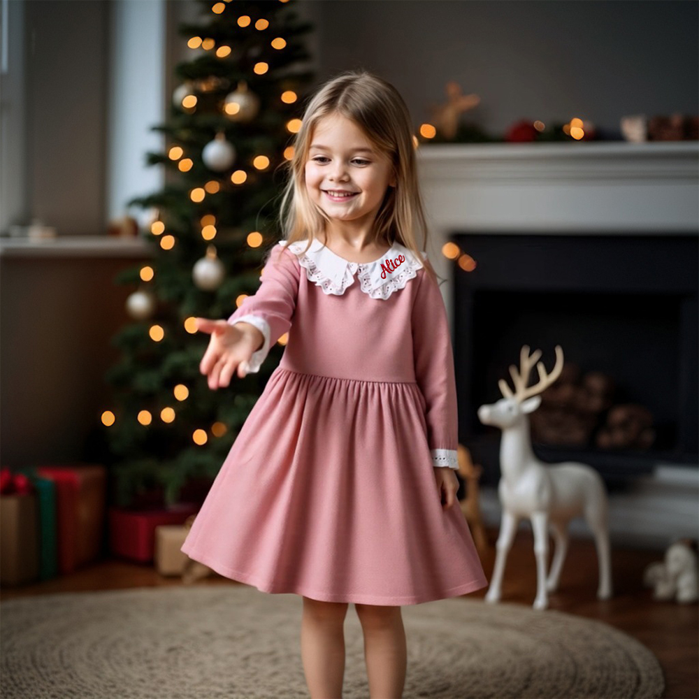 Personalized Christmas Girl Elegant White Doll Collar Dress|YESMC09