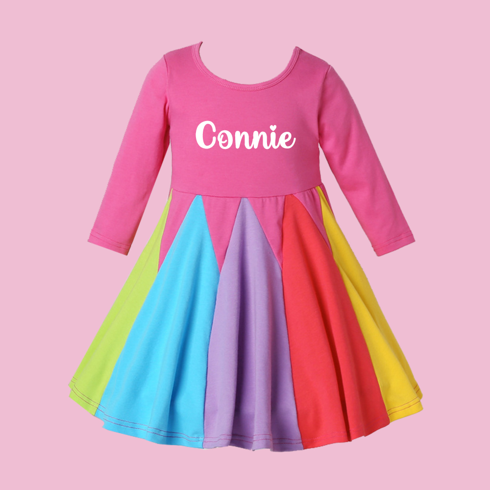 Personalized Girl Rainbow Ruffle Casual Dress| Dress24