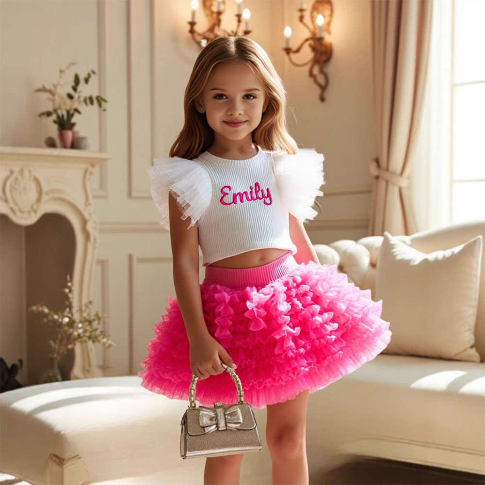 Personalized Girl Embroidered Ruffle Flutter Sleeve Tutu Set| Cloth237