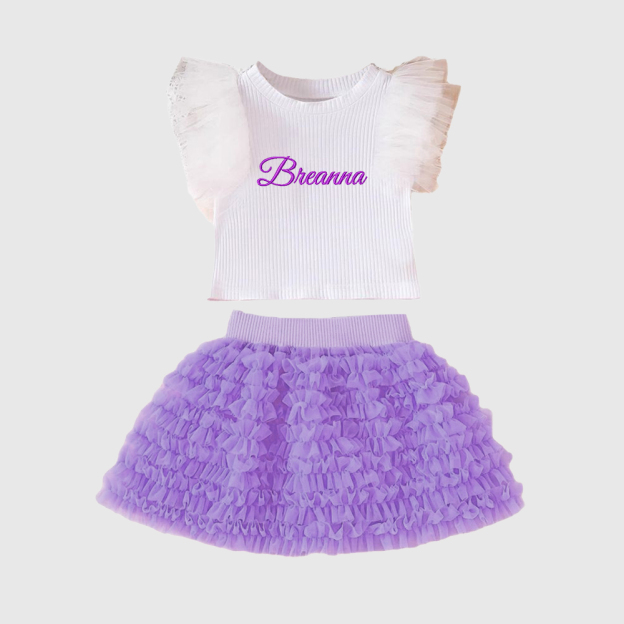 Personalized Girl Embroidered Ruffle Flutter Sleeve Tutu Set| Cloth237