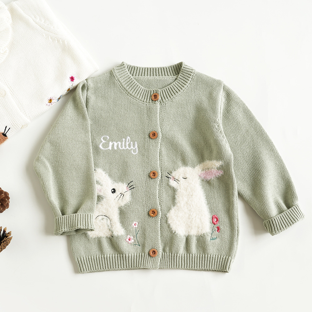 Personalized Girl Hand Embroidered Bunny Cardigan| Cloth247