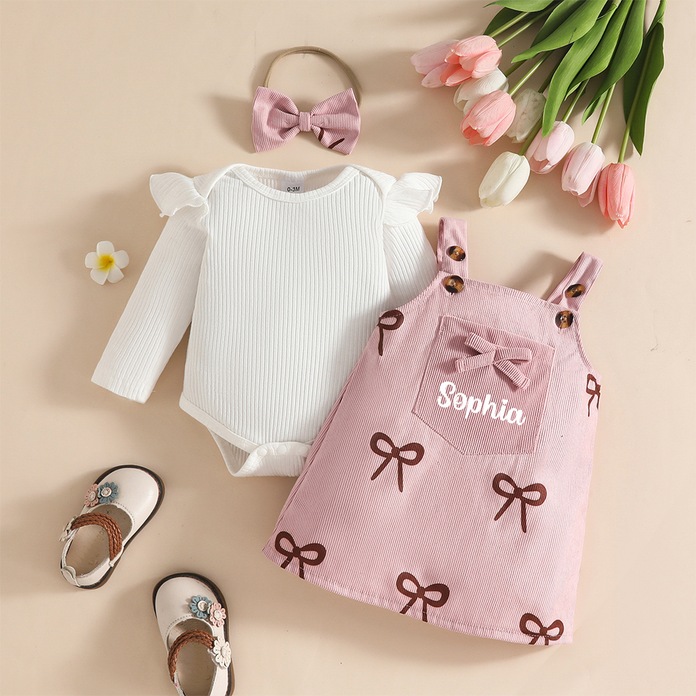 Personalized Baby Girl Pink Bow Outfit Set| BBcloth110