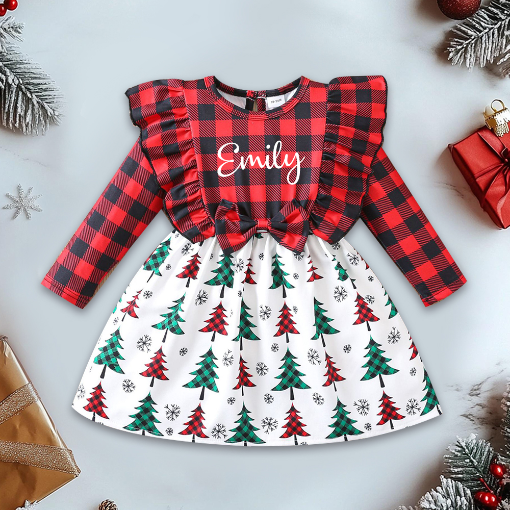 Personalized Girl Christmas Tree Grid Dress|YESMC17