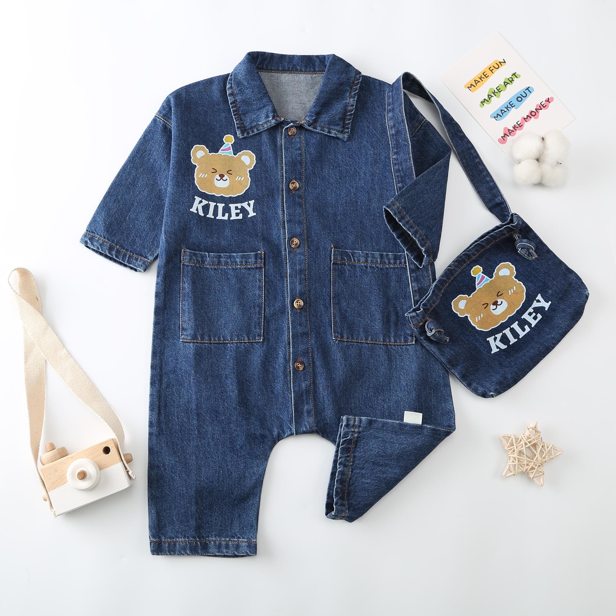 Personalized Baby Bear Denim Onesie With Bag Set| BBCloth88