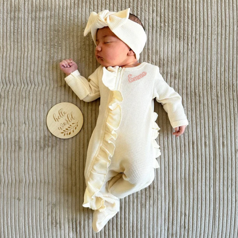 Personalized Baby Girl Embroidered Waffle Knit Ruffled Footie Outfit| BBCloth59