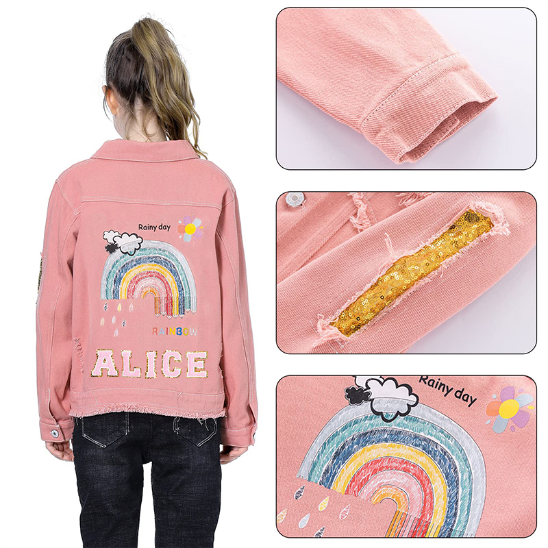 Personalized Girl Patch Rainbow Pink Denim Jacket| Cloth228