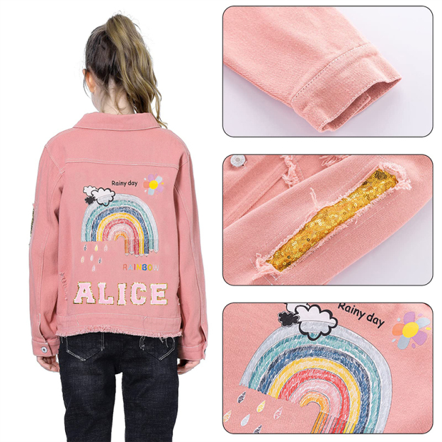Personalized Girl Patch Rainbow Pink Denim Jacket| Cloth228