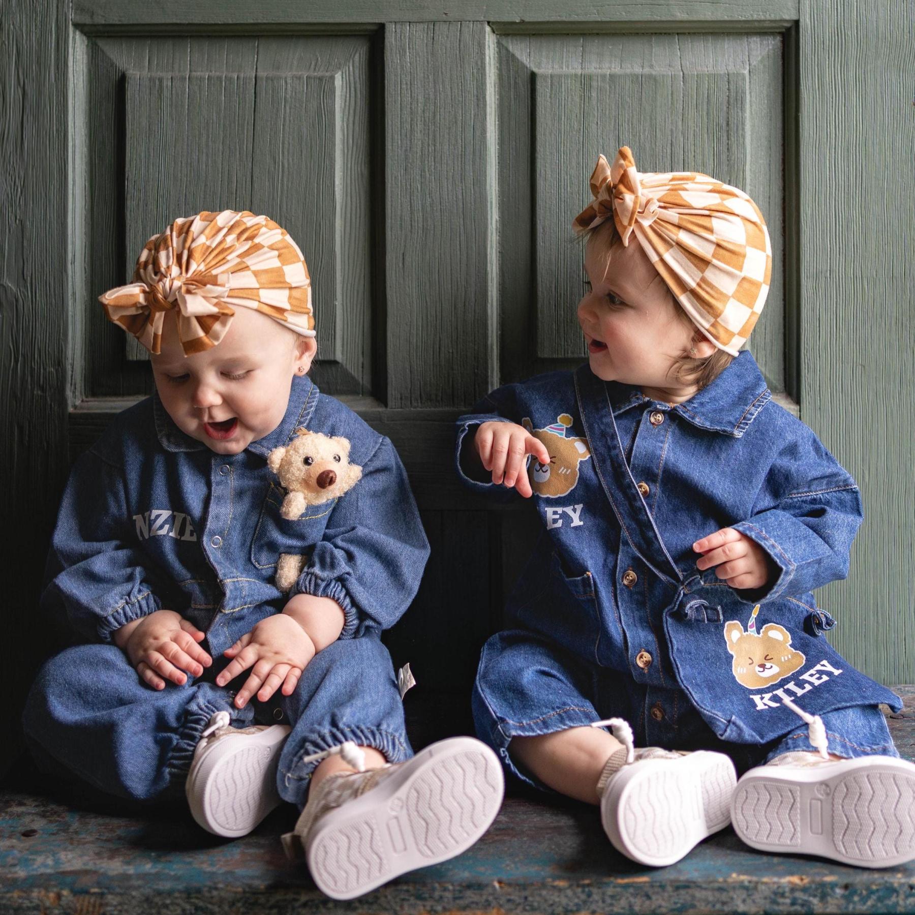 Personalized Baby Bear Denim Onesie With Bag Set| BBCloth88
