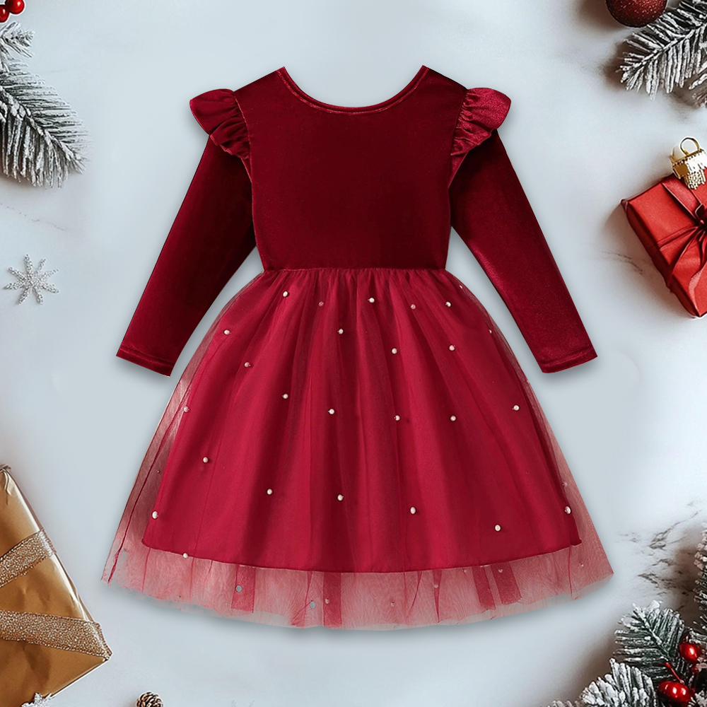 Personalized Girl Christmas Bow Red Tulle Dress| YESMC27
