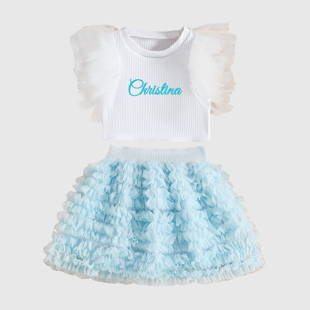 Personalized Girl Embroidered Ruffle Flutter Sleeve Tutu Set| Cloth237