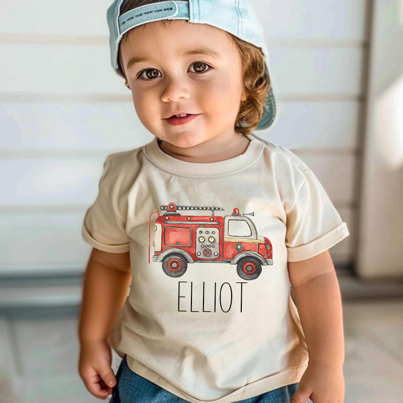 Personalized Boy  Fire Truck Name T-Shirt| Cloth1426