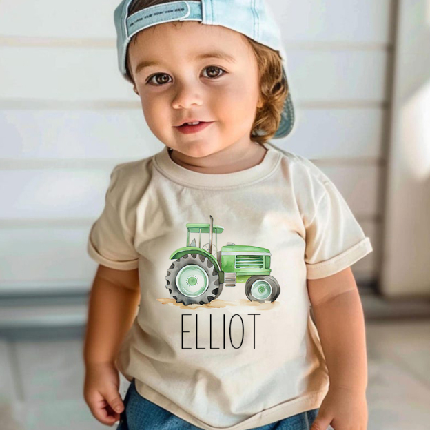 Personalized Boy Green Farm Tractor Name T-Shirt| Cloth1428