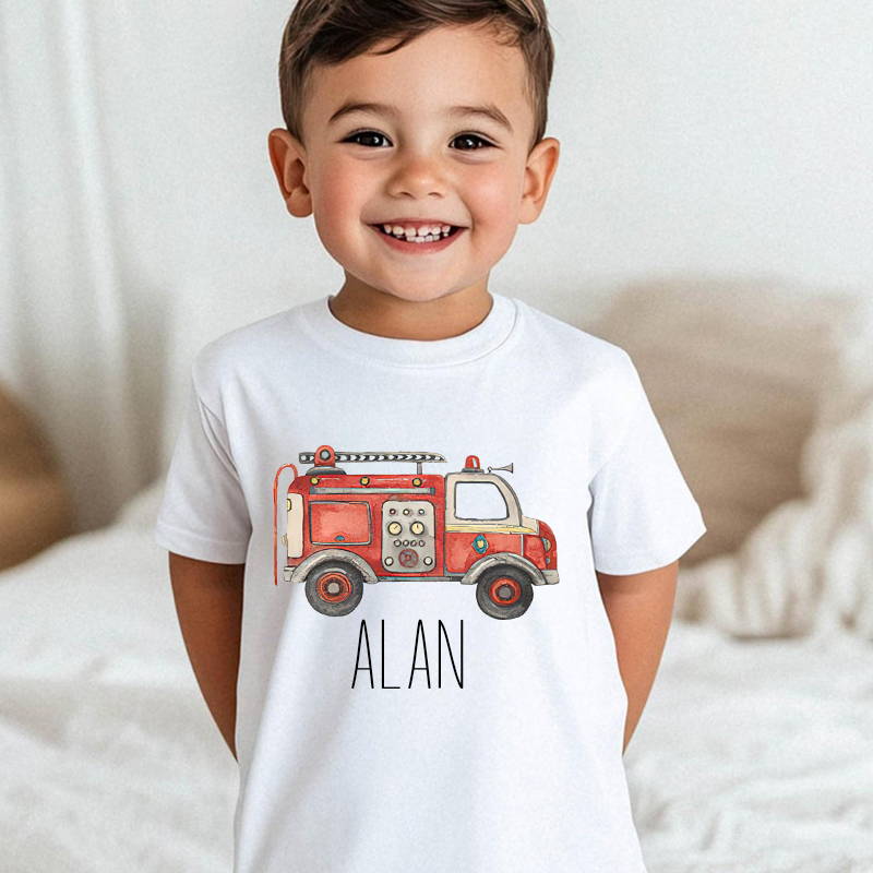 Personalized Boy  Fire Truck Name T-Shirt| Cloth1426