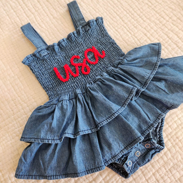 Personalized Baby Hand Embroidered Denim Ruffle Dress| BBCloth42