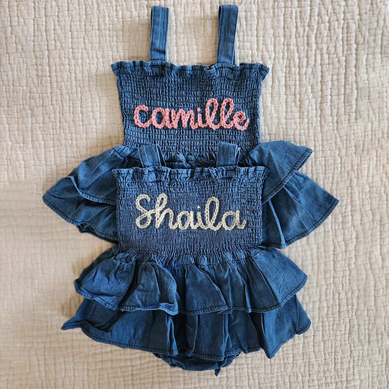 Personalized Baby Hand Embroidered Denim Ruffle Dress| BBCloth42