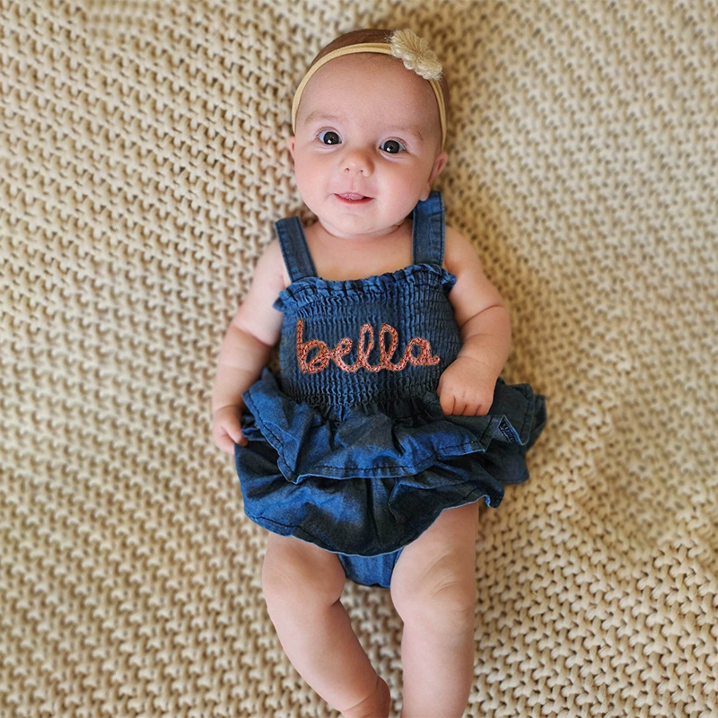 Personalized Baby Hand Embroidered Denim Ruffle Dress| BBCloth42