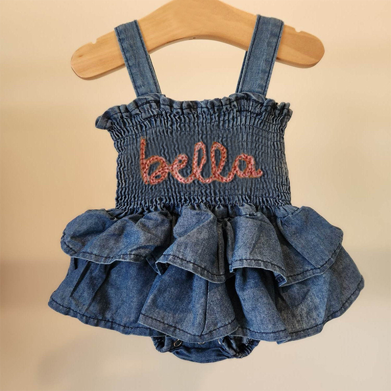 Personalized Baby Hand Embroidered Denim Ruffle Dress| BBCloth42