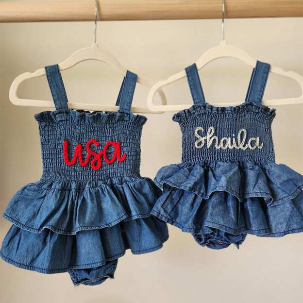 Personalized Baby Hand Embroidered Denim Ruffle Dress| BBCloth42