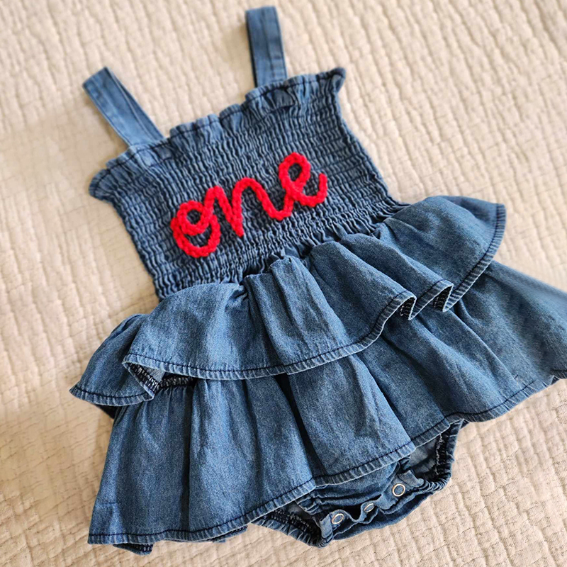 Personalized Baby Hand Embroidered Denim Ruffle Dress| BBCloth42