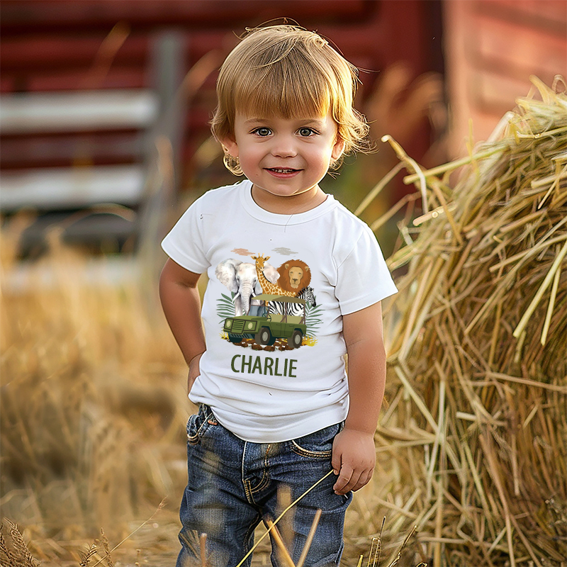 Personalized Kids African Safari Animals & Vehicle T-Shirt| Cloth1417