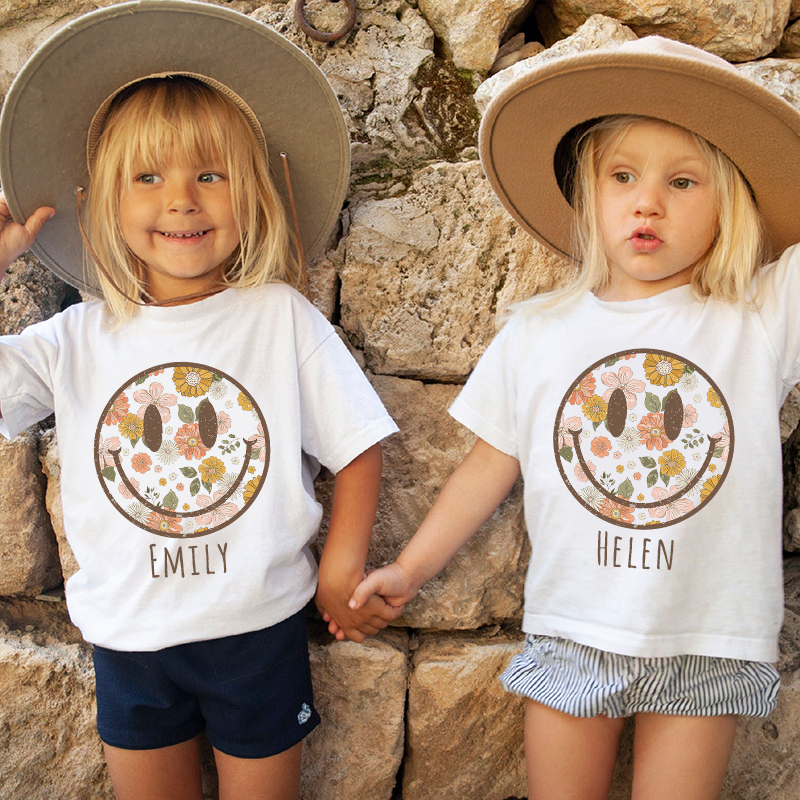 Personalized Girls Retro Floral Smiley Face T-Shirt| Cloth1423