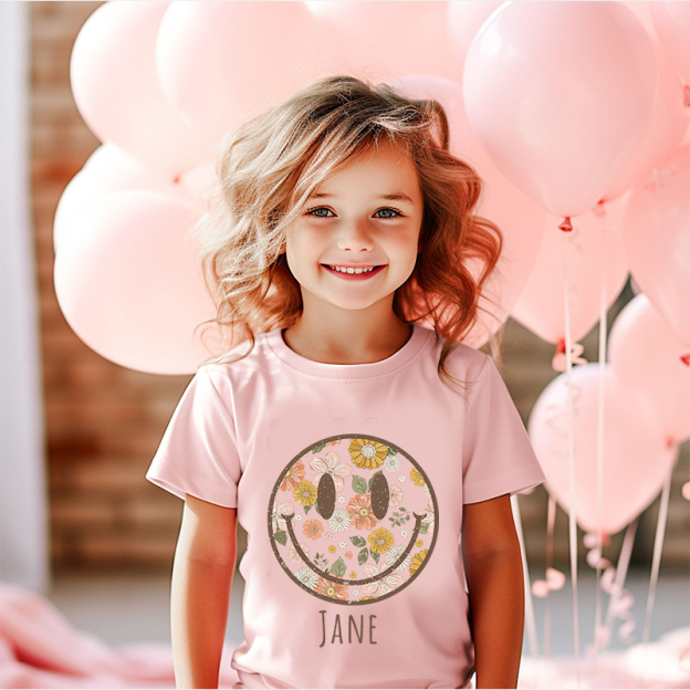 Personalized Girls Retro Floral Smiley Face T-Shirt| Cloth1423
