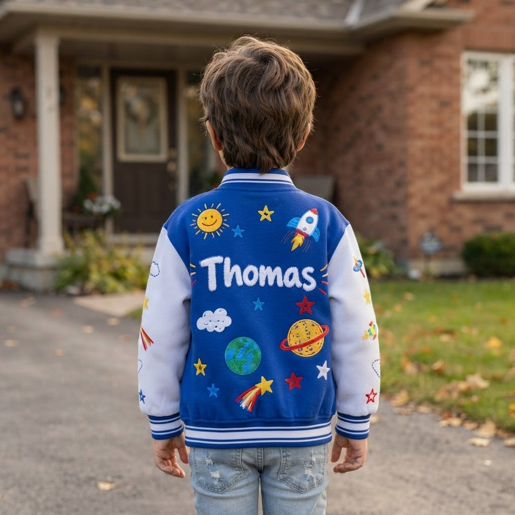Personalized Kids Space Rocket Varsity Jacket | Cloth291