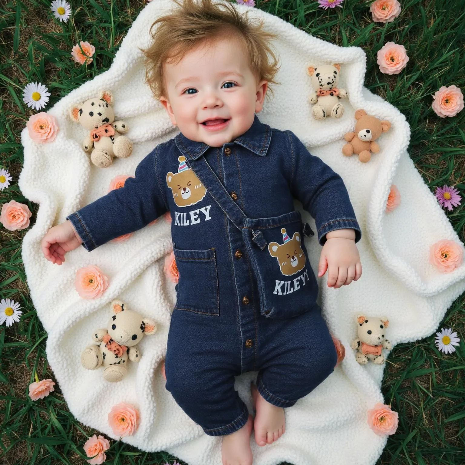 Personalized Baby Bear Denim Onesie With Bag Set| BBCloth88
