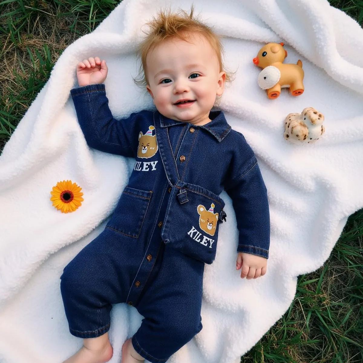 Personalized Baby Bear Denim Onesie With Bag Set| BBCloth88