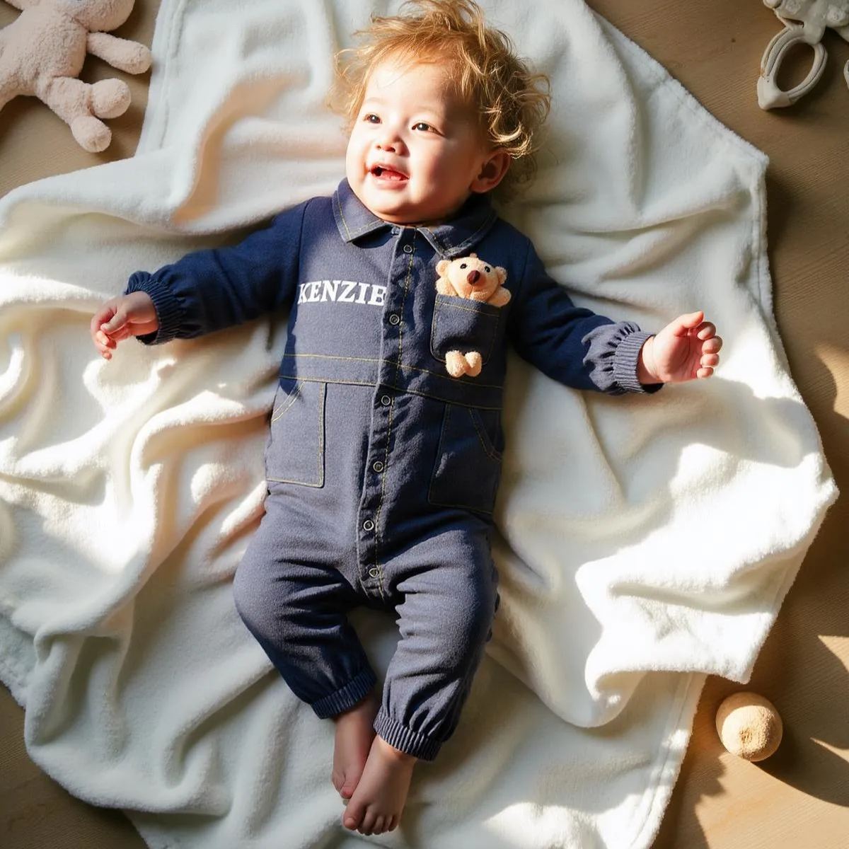 Personalized Baby Bear Denim Onesie With Bag Set| BBCloth89