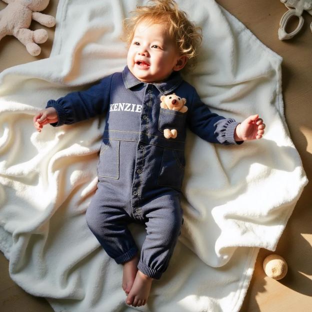 Personalized Baby Bear Denim Onesie With Bag Set| BBCloth89