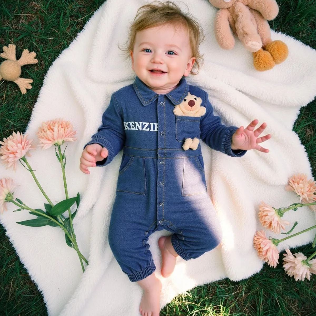 Personalized Baby Bear Denim Onesie With Bag Set| BBCloth89