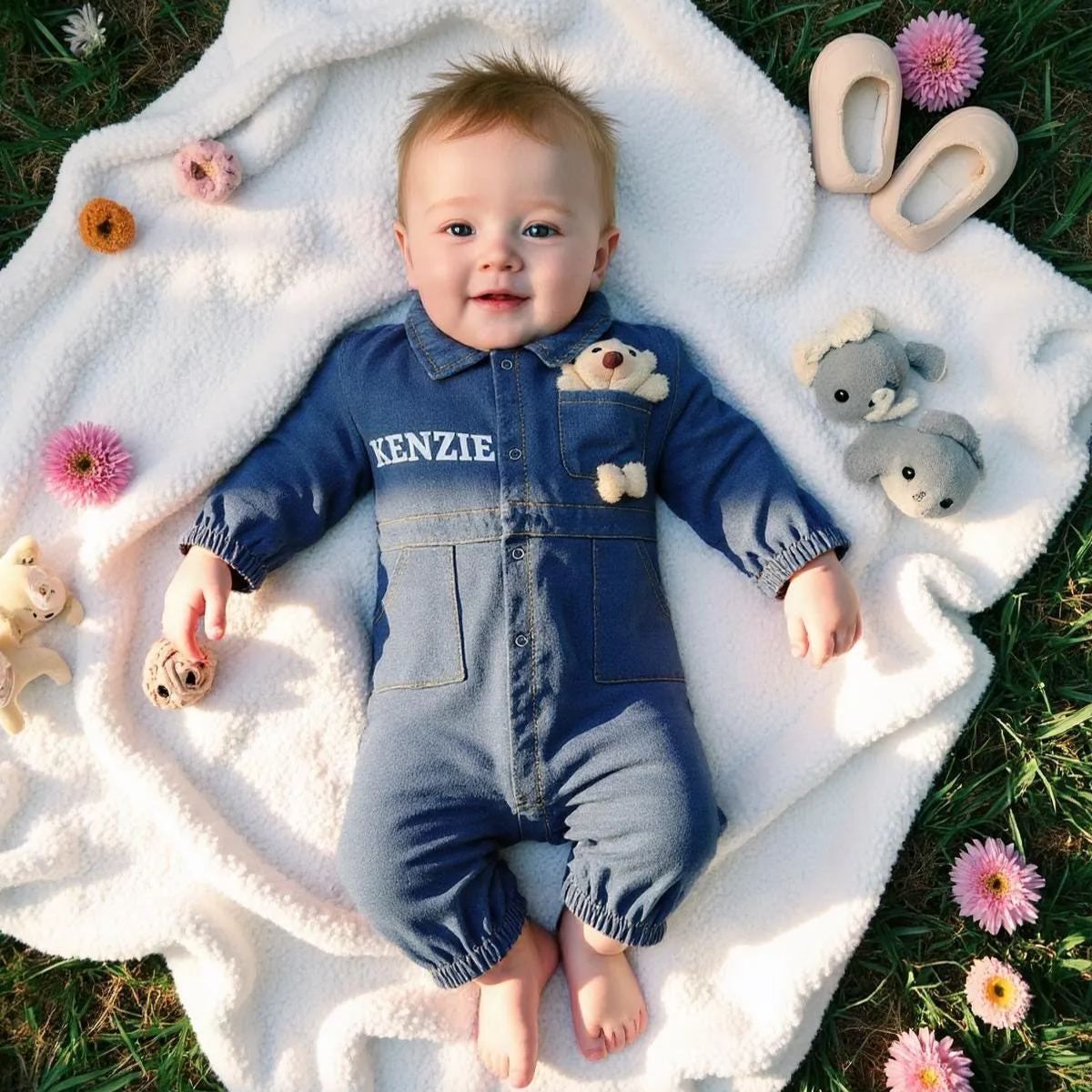 Personalized Baby Bear Denim Onesie With Bag Set| BBCloth89