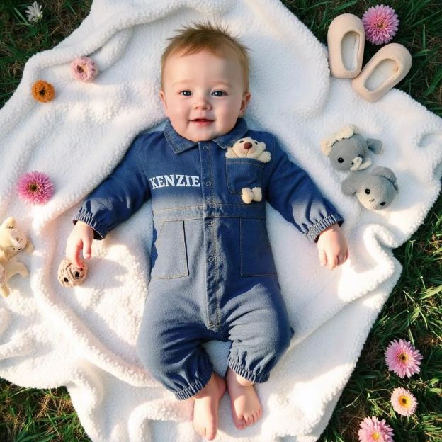 Personalized Baby Bear Denim Onesie With Bag Set| BBCloth89