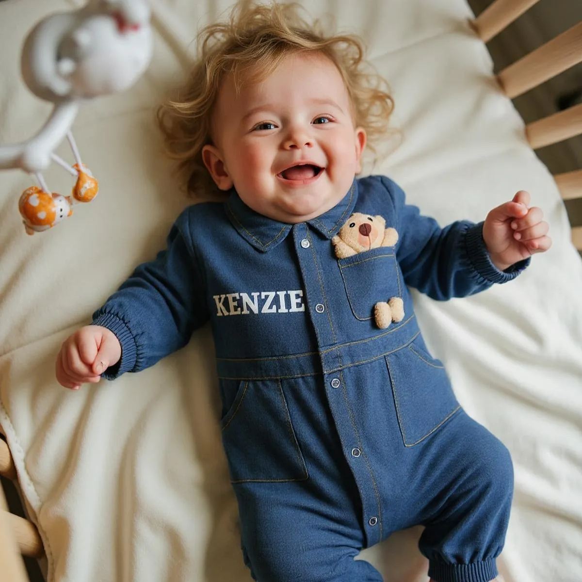 Personalized Baby Bear Denim Onesie With Bag Set| BBCloth89