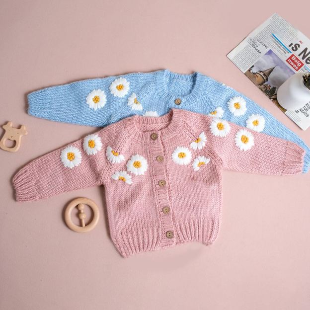 Personalized Baby Hand Embroidered Daisy Cardigan| Cloth241