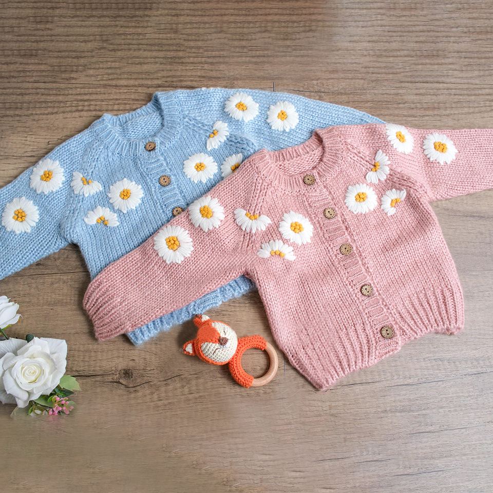 Personalized Baby Hand Embroidered Daisy Cardigan| Cloth241